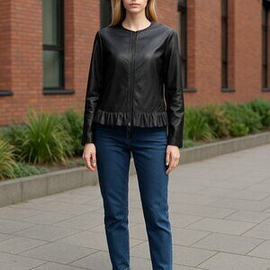 Ann Taylor Faux Leather Ruffle Jacket Career Full Zip Women's 10